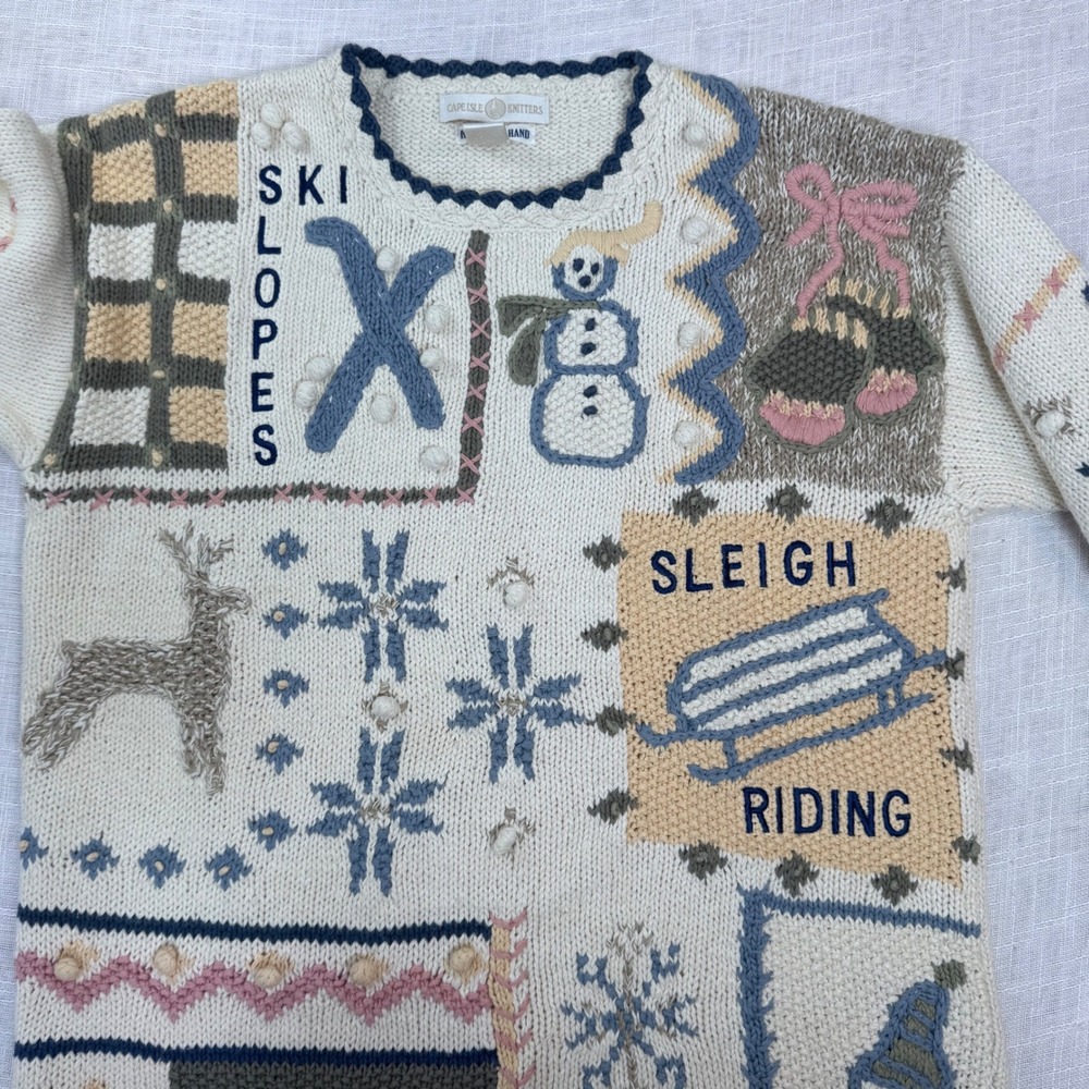 Cape Isle Knitters Sweater Womens M Ivory Hand Knit Grandma Snowmen Festive VTG - Picture 11 of 16